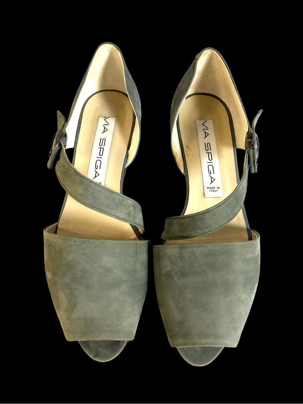 Via Spiga Olive Suede Crisscross Peep-Toe Mules